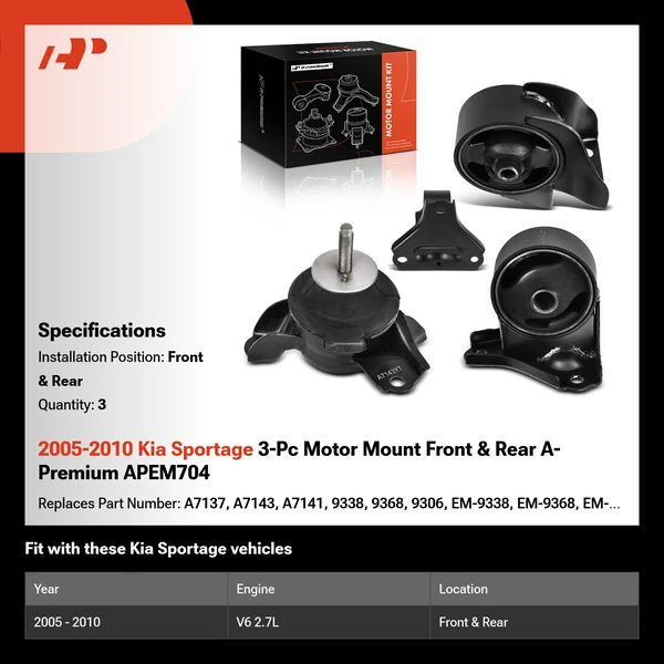2005-2010 Kia Sportage 3-Pc Motor Mount Front & Rear A-Premium APEM704