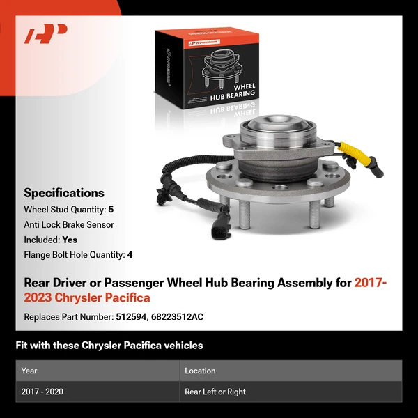 Rear Driver or Passenger Wheel Hub Bearing Assembly for 2017-2023 Chrysler Pacifica