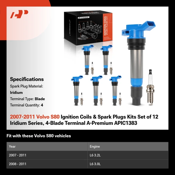 2007-2011 Volvo S80 Ignition Coils & Spark Plugs Kits Set of 12 Iridium Series, 4-Blade Terminal A-Premium APIC1383