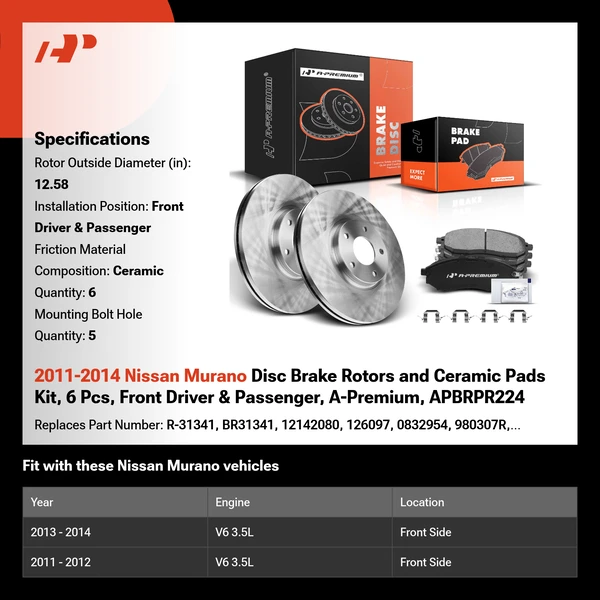 2011-2014 Nissan Murano Disc Brake Rotors and Ceramic Pads Kit, 6 Pcs, Front Driver & Passenger, A-Premium, APBRPR224