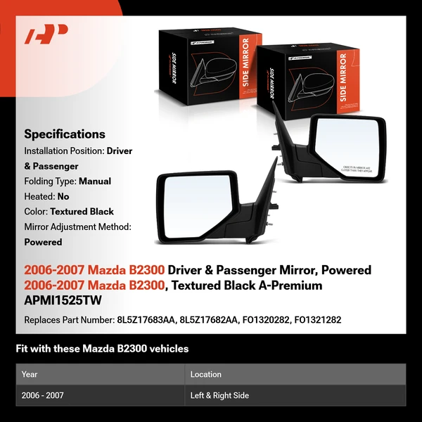 2006-2007 Mazda B2300 Driver & Passenger Mirror, Powered 2006-2007 Mazda B2300, Textured Black A-Premium APMI1525TW