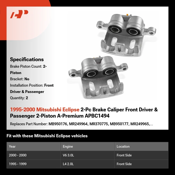 1995-2000 Mitsubishi Eclipse 2-Pc Brake Caliper Front Driver & Passenger 2-Piston A-Premium APBC1494
