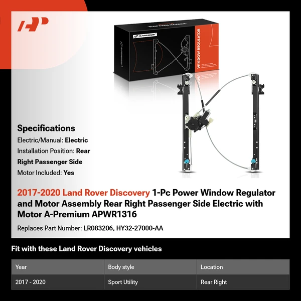 2017-2020 Land Rover Discovery 1-Pc Power Window Regulator and Motor Assembly Rear Right Passenger Side Electric with Motor A-Premium APWR1316
