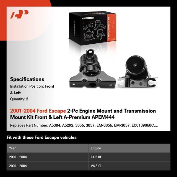 2001-2004 Ford Escape 2-Pc Engine Mount and Transmission Mount Kit Front & Left A-Premium APEM444