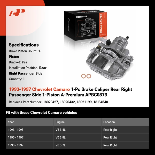 1993-1997 Chevrolet Camaro 1-Pc Brake Caliper Rear Right Passenger Side 1-Piston A-Premium APBC0873