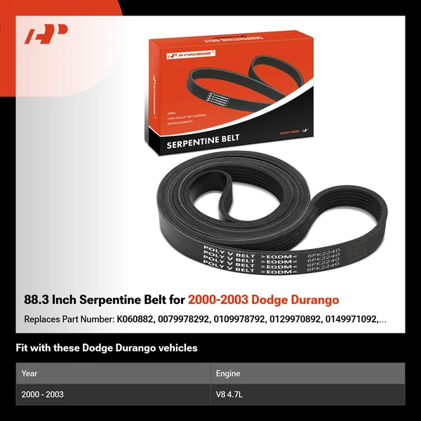 88.3 Inch Serpentine Belt for 2000-2003 Dodge Durango