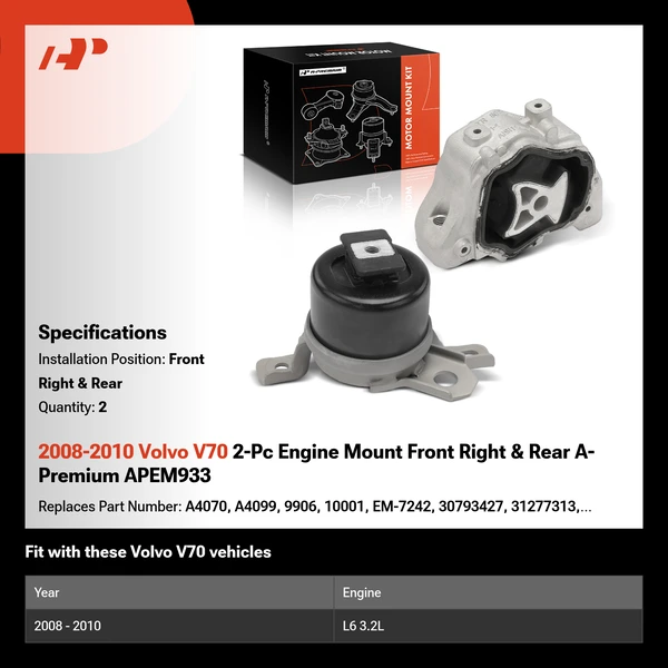 2008-2010 Volvo V70 2-Pc Engine Mount Front Right & Rear A-Premium APEM933