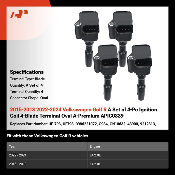 2015-2018 2022-2024 Volkswagen Golf R A Set of 4-Pc Ignition Coil 4-Blade Terminal Oval A-Premium APIC0339