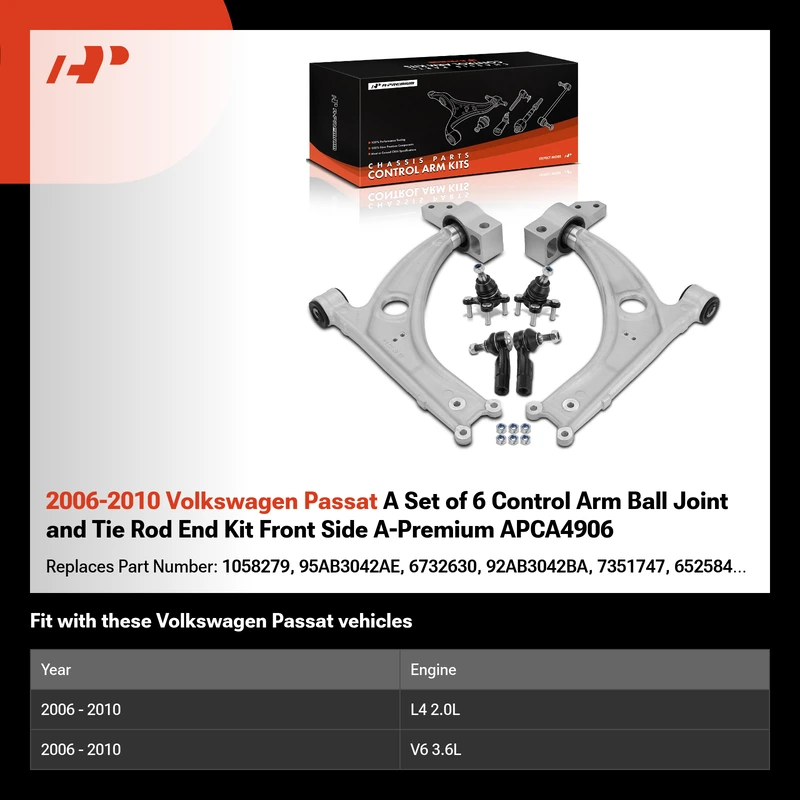 2006-2010 Volkswagen Passat A Set of 6 Control Arm Ball Joint and Tie Rod End Kit Front Side A-Premium APCA4906