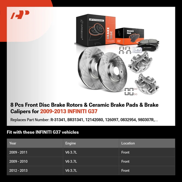 8 Pcs Front Disc Brake Rotors & Ceramic Brake Pads & Brake Calipers for 2009-2013 INFINITI G37