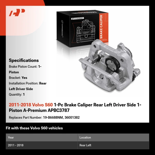 2011-2018 Volvo S60 1-Pc Brake Caliper Rear Left Driver Side 1-Piston A-Premium APBC3787