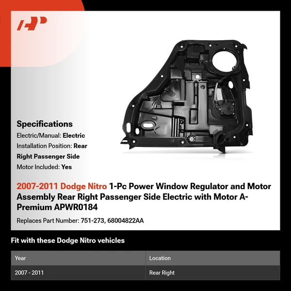 2007-2011 Dodge Nitro 1-Pc Power Window Regulator and Motor Assembly Rear Right Passenger Side Electric with Motor A-Premium APWR0184