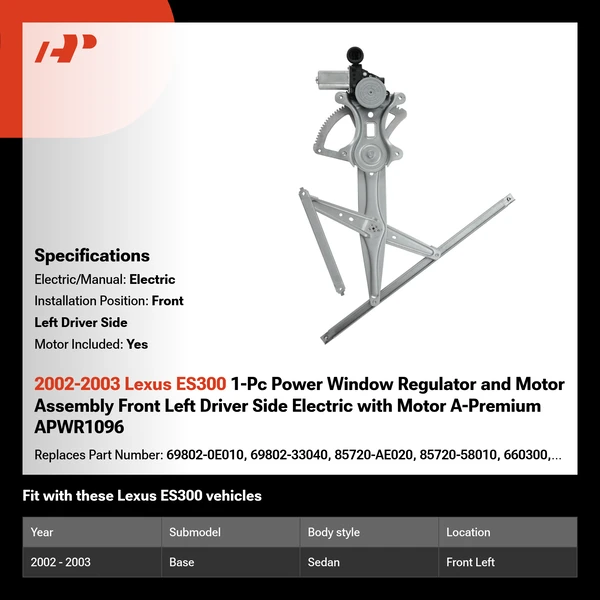 2002-2003 Lexus ES300 1-Pc Power Window Regulator and Motor Assembly Front Left Driver Side Electric with Motor A-Premium APWR1096