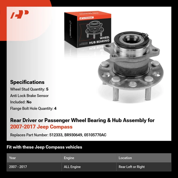 Rear Driver or Passenger Wheel Bearing & Hub Assembly for 2007-2017 Jeep Compass