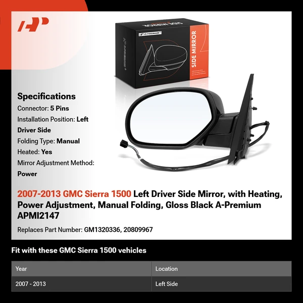 2007-2013 GMC Sierra 1500 Left Driver Side Mirror, with Heating, Power Adjustment, Manual Folding, Gloss Black A-Premium APMI2147