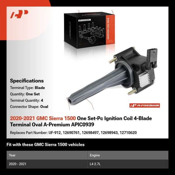 2020-2021 GMC Sierra 1500 One Set-Pc Ignition Coil 4-Blade Terminal Oval A-Premium APIC0939
