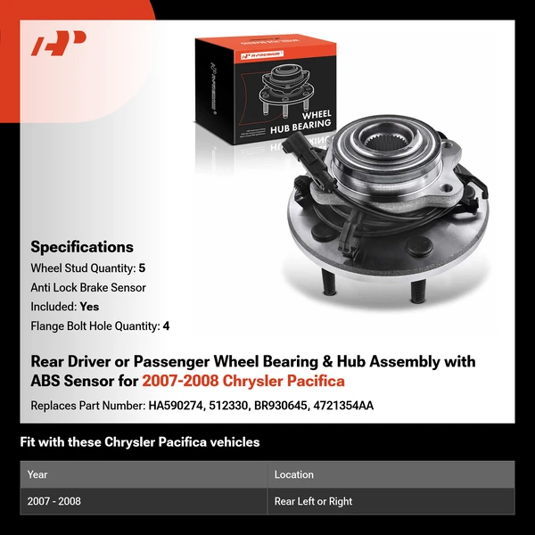Rear Driver or Passenger Wheel Bearing & Hub Assembly with ABS Sensor for 2007-2008 Chrysler Pacifica
