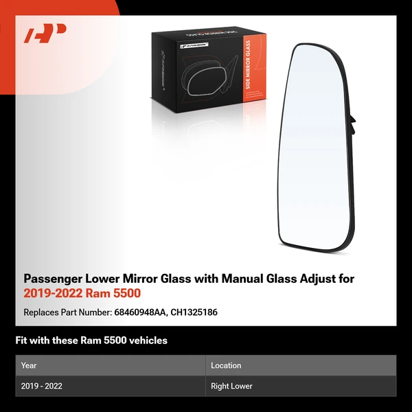 Passenger Lower Mirror Glass with Manual Glass Adjust for 2019-2022 Ram 5500
