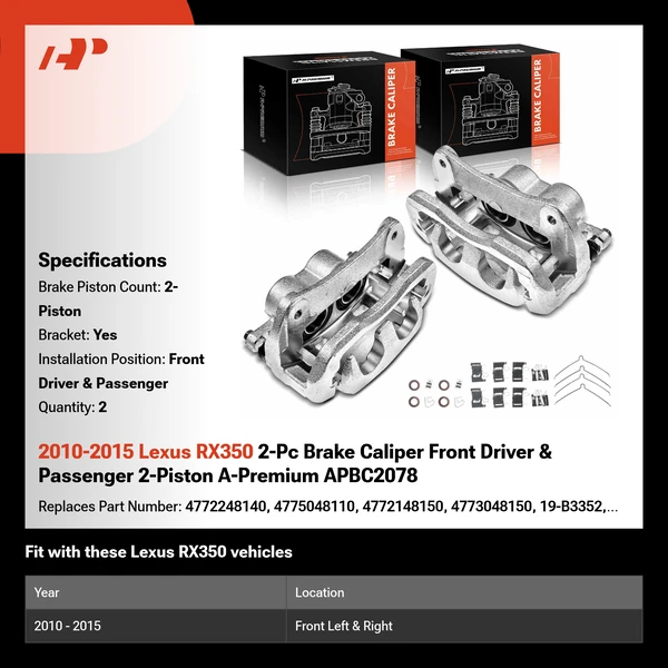 2010-2015 Lexus RX350 2-Pc Brake Caliper Front Driver & Passenger 2-Piston A-Premium APBC2078