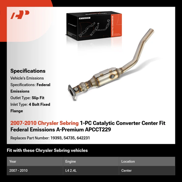 2007-2010 Chrysler Sebring 1-PC Catalytic Converter Center Fit Federal Emissions A-Premium APCCT229