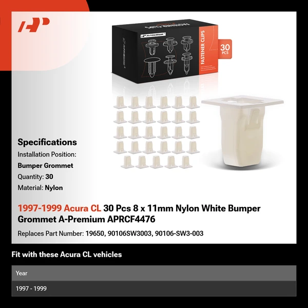 1997-1999 Acura CL 30 Pcs 8 x 11mm Nylon White Bumper Grommet A-Premium APRCF4476