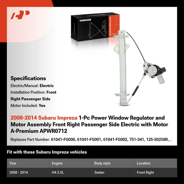 2008-2014 Subaru Impreza 1-Pc Power Window Regulator and Motor Assembly Front Right Passenger Side Electric with Motor A-Premium APWR0712
