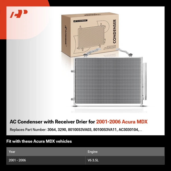 AC Condenser with Receiver Drier for 2001-2006 Acura MDX