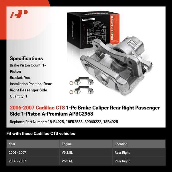 2006-2007 Cadillac CTS 1-Pc Brake Caliper Rear Right Passenger Side 1-Piston A-Premium APBC2953