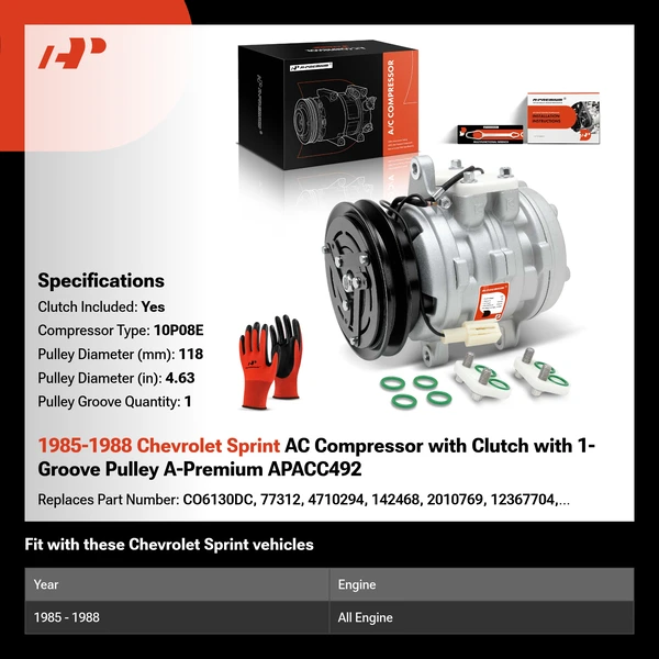 1985-1988 Chevrolet Sprint AC Compressor with Clutch with 1-Groove Pulley A-Premium APACC492