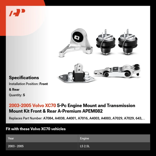 2003-2005 Volvo XC70 5-Pc Engine Mount and Transmission Mount Kit Front & Rear A-Premium APEM082