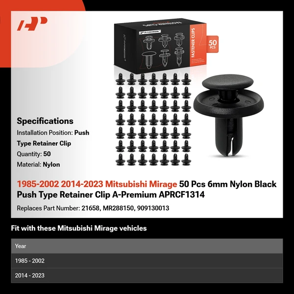 1985-2002 2014-2023 Mitsubishi Mirage 50 Pcs 6mm Nylon Black Push Type Retainer Clip A-Premium APRCF1314