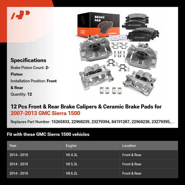12 Pcs Front & Rear Brake Calipers & Ceramic Brake Pads for 2007-2013 GMC Sierra 1500