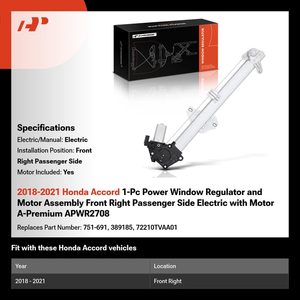 2018-2021 Honda Accord 1-Pc Power Window Regulator and Motor Assembly Front Right Passenger Side Electric with Motor A-Premium APWR2708