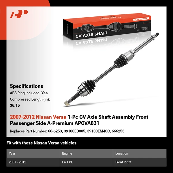 2007-2012 Nissan Versa 1-Pc CV Axle Shaft Assembly Front Passenger Side A-Premium APCVA831