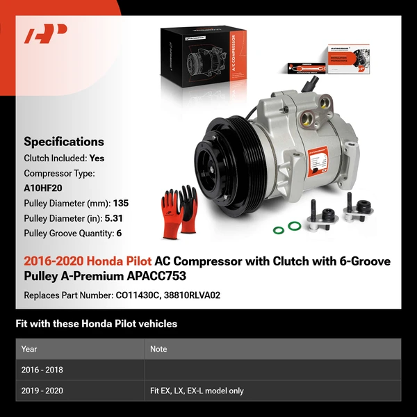 2016-2020 Honda Pilot AC Compressor with Clutch with 6-Groove Pulley A-Premium APACC753