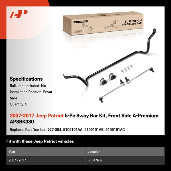 2007-2017 Jeep Patriot 5-Pc Sway Bar Kit, Front Side A-Premium APSBK030