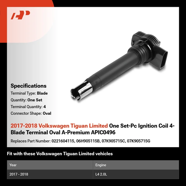 2017-2018 Volkswagen Tiguan Limited One Set-Pc Ignition Coil 4-Blade Terminal Oval A-Premium APIC0496