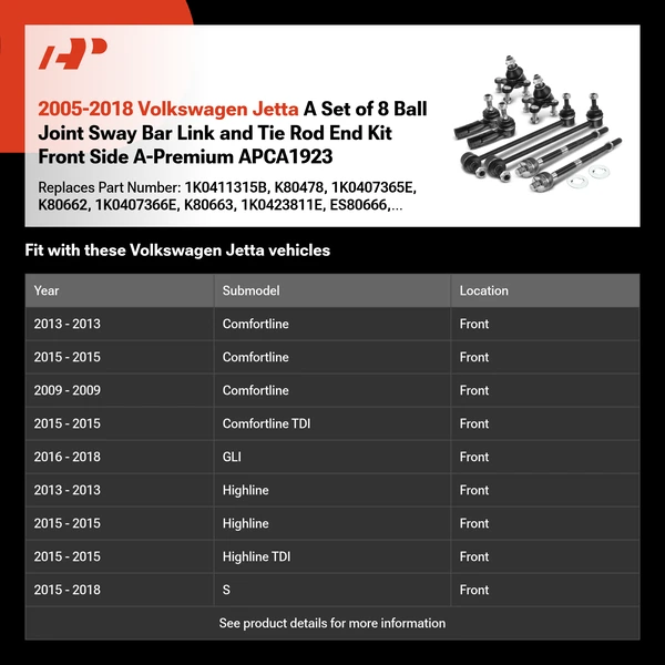 2005-2018 Volkswagen Jetta A Set of 8 Ball Joint Sway Bar Link and Tie Rod End Kit Front Side A-Premium APCA1923