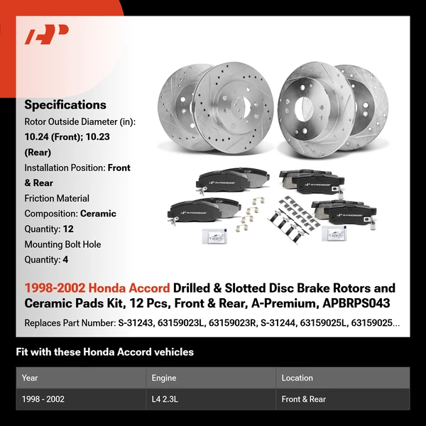 1998-2002 Honda Accord Drilled & Slotted Disc Brake Rotors and Ceramic Pads Kit, 12 Pcs, Front & Rear, A-Premium, APBRPS043