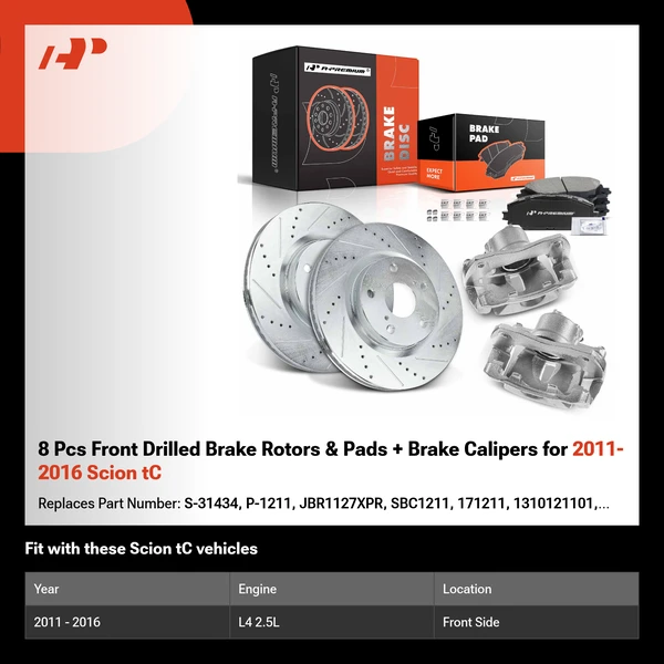 8 Pcs Front Drilled Brake Rotors & Pads + Brake Calipers for 2011-2016 Scion tC