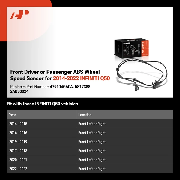 Front Driver or Passenger ABS Wheel Speed Sensor for 2014-2022 INFINITI Q50