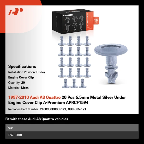 1997-2010 Audi A8 Quattro 20 Pcs 6.5mm Metal Silver Under Engine Cover Clip A-Premium APRCF1594