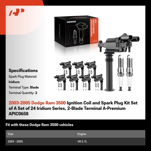 2003-2005 Dodge Ram 3500 Ignition Coil and Spark Plug Kit Set of A Set of 24 Iridium Series, 2-Blade Terminal A-Premium APIC0658