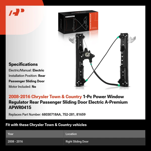 2008-2016 Chrysler Town & Country 1-Pc Power Window Regulator Rear Passenger Sliding Door Electric A-Premium APWR0415