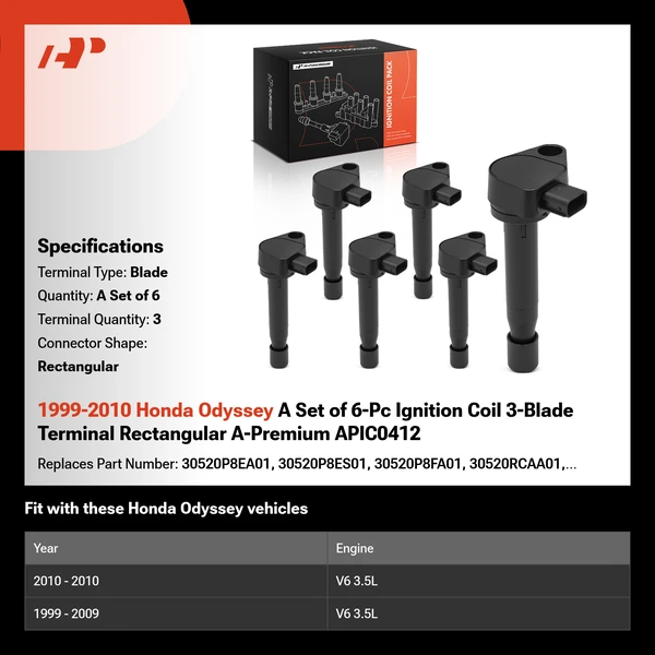 1999-2010 Honda Odyssey A Set of 6-Pc Ignition Coil 3-Blade Terminal Rectangular A-Premium APIC0412