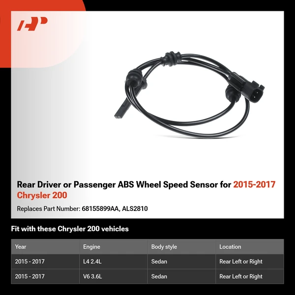 Rear Driver or Passenger ABS Wheel Speed Sensor for 2015-2017 Chrysler 200