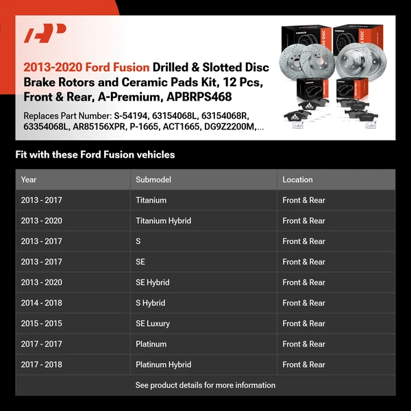 2013-2020 Ford Fusion Drilled & Slotted Disc Brake Rotors and Ceramic Pads Kit, 12 Pcs, Front & Rear, A-Premium, APBRPS468