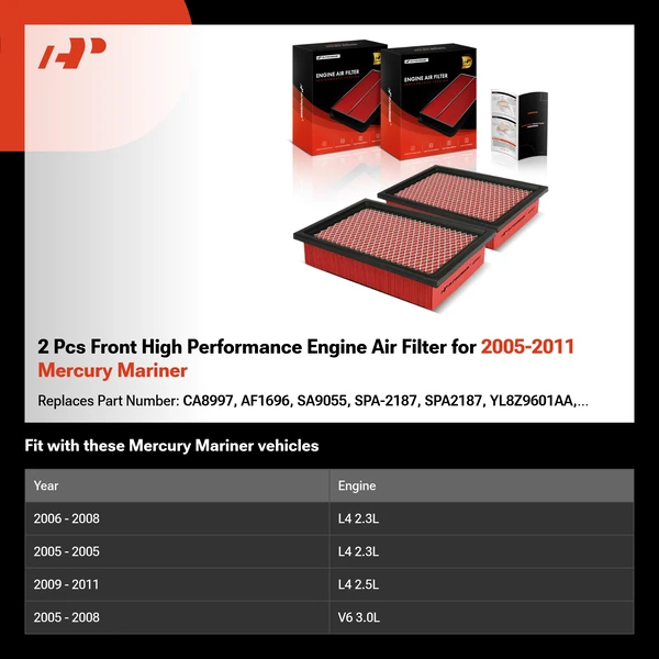 2 Pcs Front High Performance Engine Air Filter for 2005-2011 Mercury Mariner