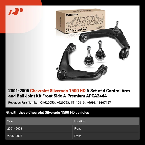 2001-2006 Chevrolet Silverado 1500 HD A Set of 4 Control Arm and Ball Joint Kit Front Side A-Premium APCA2444
