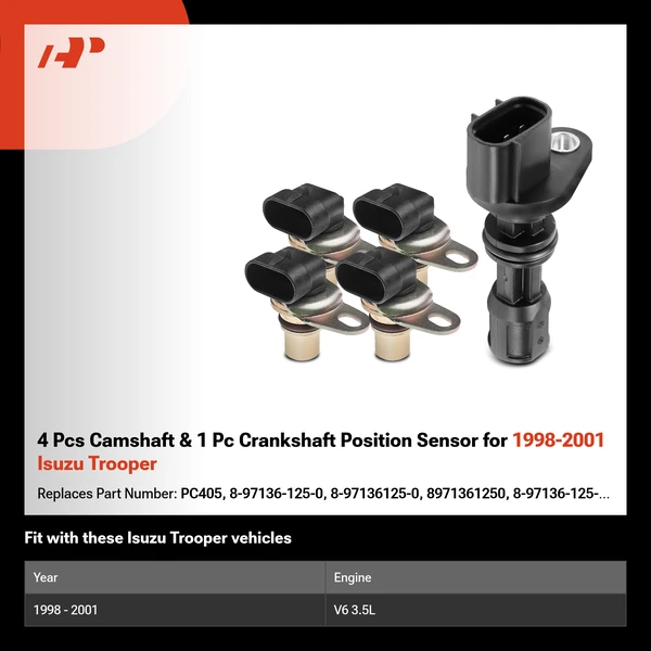 4 Pcs Camshaft & 1 Pc Crankshaft Position Sensor for 1998-2001 Isuzu Trooper